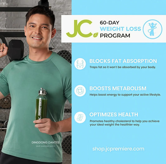 Man holding a green supplement bottle with JC 60-Day Weight Loss Program details on a blue background