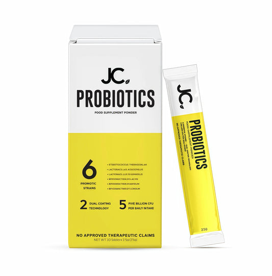 JC Probiotics packaging with a white and yellow design on a white background